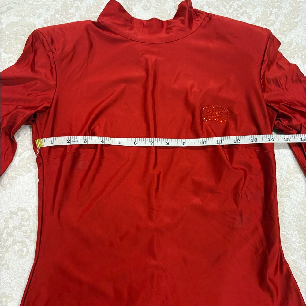 Elisabetta Franchi red shiney Long Sleeve Top with the Swarovski logo